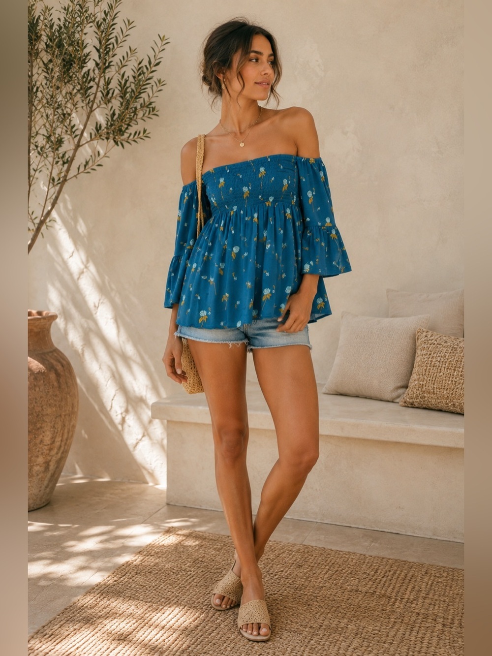 NWT Free People Lana Tunic Off Shoulder Floral Boho Bell Sleeve Top Small